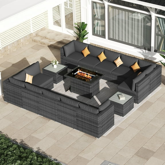 RADIATA 15 Piece Luxury Large Patio Furniture Sofa Set with Natural Gas/Propane Fire Pit Table, 29.3" High Back Outdoor Conversation Set, Outside PE Rattan Sectional Sofa, Dark Gray
