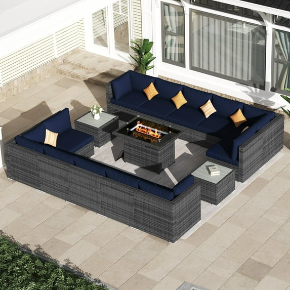 RADIATA 15 Piece Luxury Patio Furniture Sofa Set with Natural Gas/Propane Fire Pit Table, 29.3" High Back Outdoor Conversation Set, Outside PE Rattan Sectional Sofa, 2 Color Cushions/Navy Blue