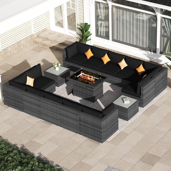 RADIATA 15 Piece Luxury Patio Furniture Sofa Set with Natural Gas/Propane Fire Pit Table, 29.3" High Back Outdoor Conversation Set, Outside PE Rattan Sectional Sofa, 2 Color Cushions/Black