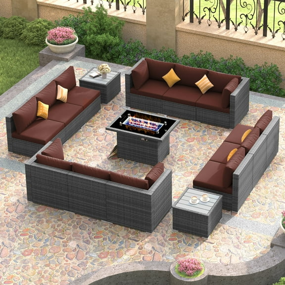 RADIATA 15 Piece Luxury Patio Furniture Sofa Set with Natural Gas/Propane Fire Pit Table, 29.3" High Back Outdoor Conversation Set, Outside PE Rattan Sectional Sofa, 2 Color Cushions/Burgundy