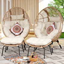 NICESOUL 2 PCS Beige Oversized Wicker Egg Chair with Legs and Ottoman Outdoor Indoor Large Egg Basket Lounge Chair with Footstool for Bedroom Patio Balcony Front Porch Garden