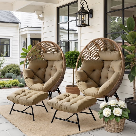 RADIATA 2 PCS Brown Oversized Wicker Egg Chair with Legs and Ottoman Outdoor Indoor Large Egg Basket Lounge Recliner Chair with Footstool for Bedroom Patio Balcony Front Porch Garden