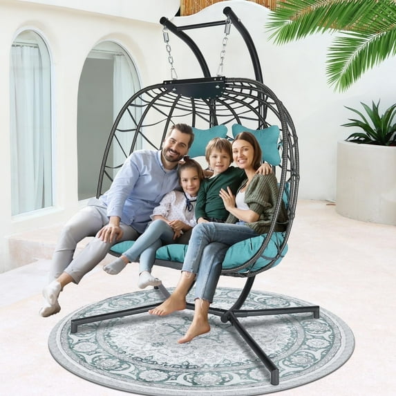 RADIATA 2 Person Outdoor Swing Chairs for Outside Large Egg Chair with Stand Oversized Patio Hanging Egg Chairs for Indoor Bedroom Olefin Cushions Teal Color