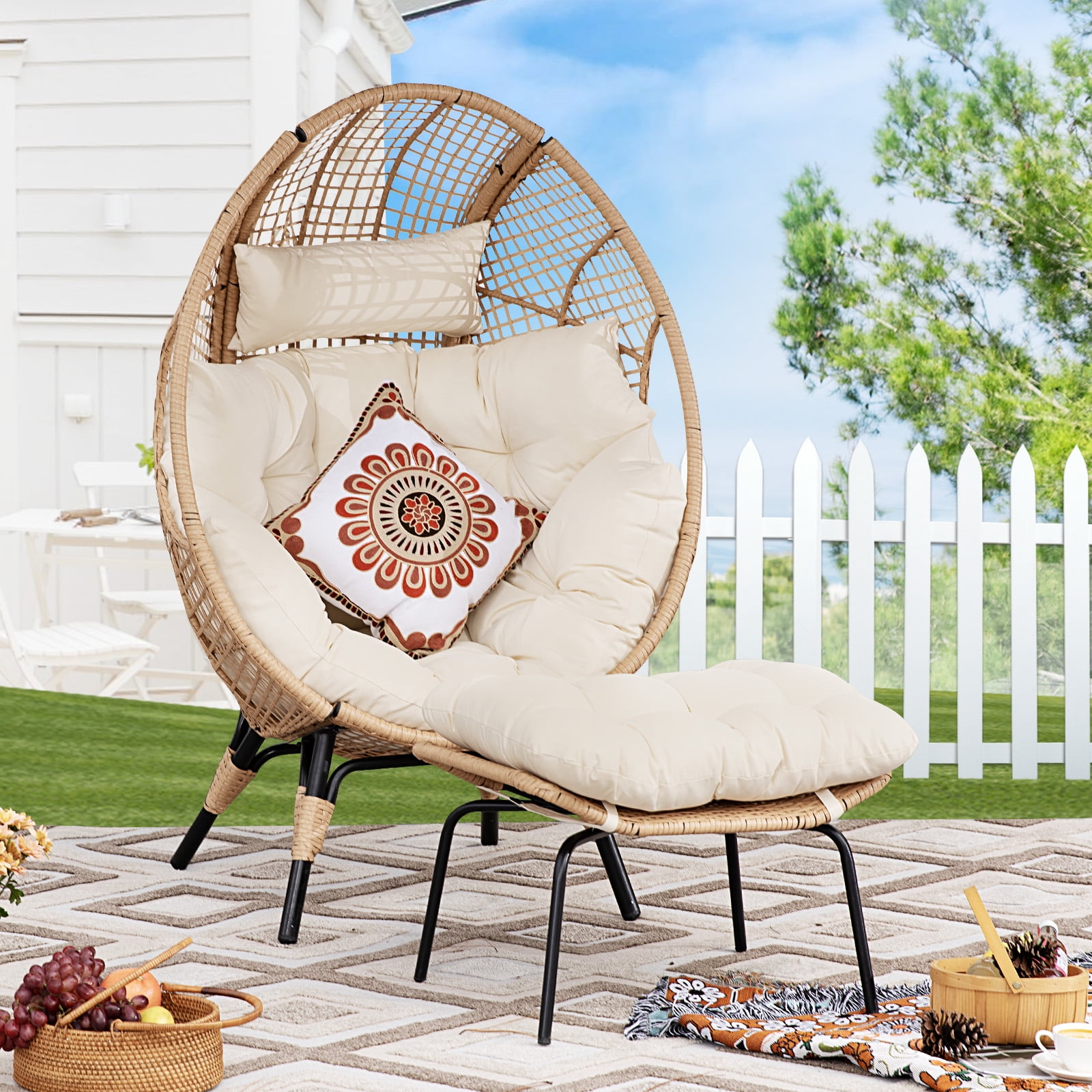 NICESOUL Bohemian Wicker Egg Chair with Ottoman, 2 Pieces, Indoor/Outdoor Patio Reading Chair, Beige