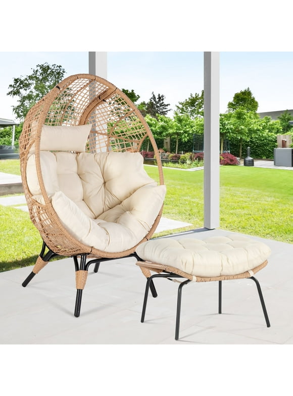 NICESOUL 2 Pieces Egg Chair Outdoor Basket Chairs Wicker Patio Egg Chairs with Ottoman Rattan Teardrop Cuddle Cocoon Chair for Indoor Bedroom Outside Porch Deck Backyard Garden (2 Pieces,Beige)
