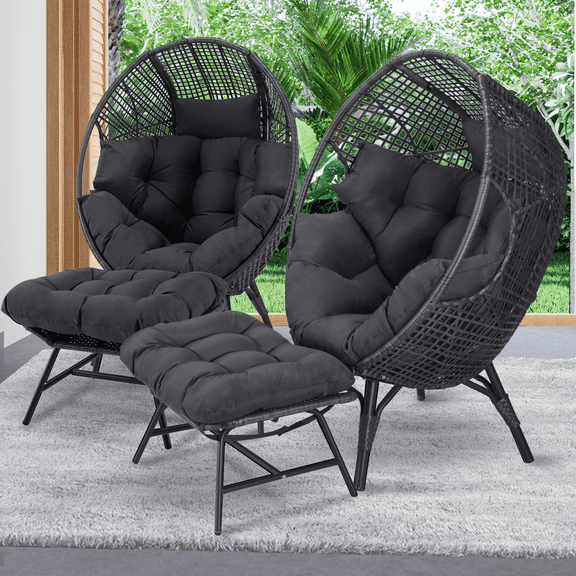 RADIATA Indoor Outdoor Patio Oversized Wicker Egg Chair with Ottoman, Dark Gray Lounge Basket Chair with Cushion, 2PCS 440 lbs Capacity