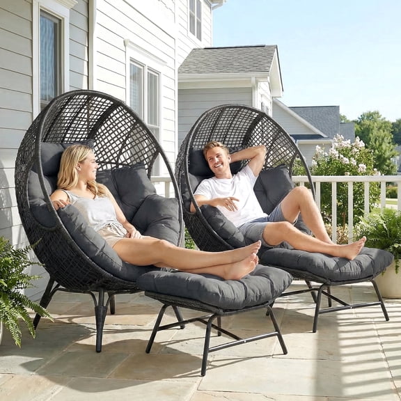 RADIATA Indoor Outdoor Patio Oversized Wicker Egg Chair with Ottoman, Dark Gray Lounge Basket Chair with Cushion, 2PCS 420 lbs Capacity