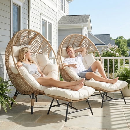 RADIATA Indoor Outdoor Patio Oversized Wicker Egg Chair with Ottoman, Beige Lounge Basket Chair with Cushion, 2PCS 420 lbs Capacity