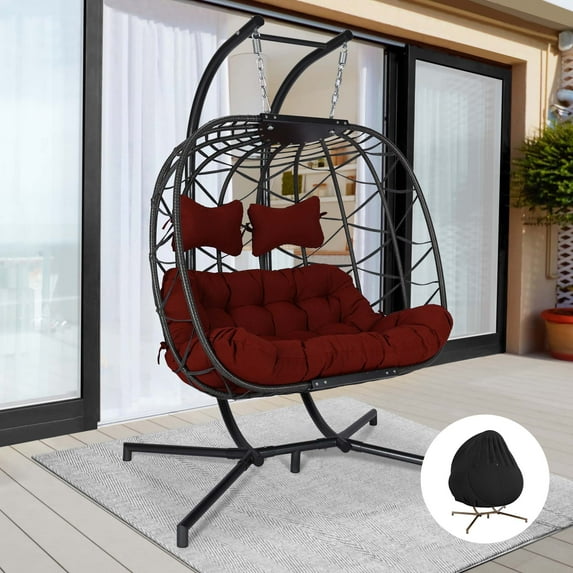 RADIATA 2 Seater Egg Swing Chair with Stand 2 Person Indoor Outdoor Gray Swing Hanging Chair Two Person Burgundy Olefin Cushion Large Luxury 700Lbs Capacity