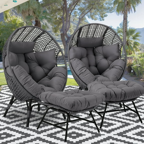 RADIATA 2 Sets Indoor Outdoor Stationary Wicker Egg Chair Oversized Thicken Cushions Egg Seat with Legs 440lbs Egg Basket Lounge Chair with Ottoman, Boho Rattan Chair for Living Room Patio Gray