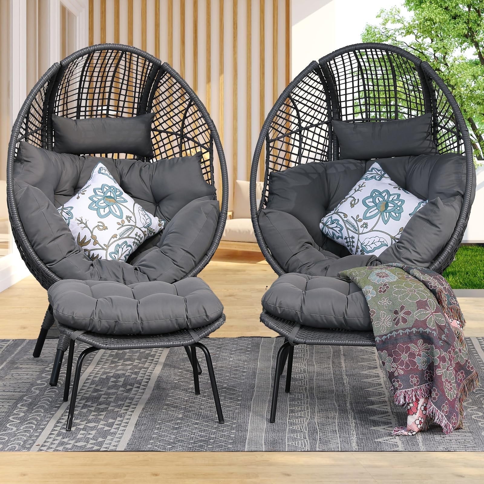 NICESOUL Indoor Outdoor Wicker Egg Chair with Ottoman Oversized and Weather Resistant for Patio and Living Room Gray Walmart
