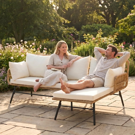RADIATA 3-Seat Patio Wicker Sectional Sofa with Chaise Lounge, Water-Resistant Cushions, 500 lb Capacity, Beige