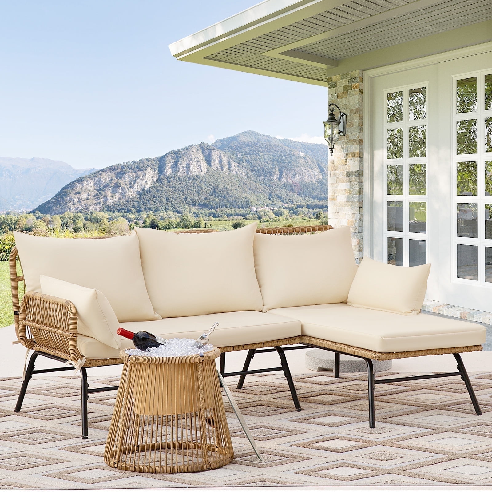 Walmart Black Friday Deals 2025 - NICESOUL 3 Pcs Boho Rattan Couch Outdoor Furniture Set, Wicker Patio Lounge Sofa with Ice Bucket, Cream