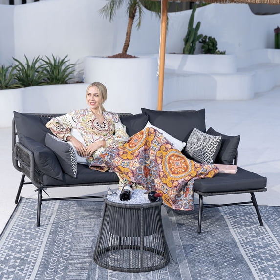 RADIATA 3 Pcs Boho Outdoor Furniture Set with Ice Bucket Wicker Patio Sectional Sofa, Dark Grey