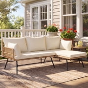RADIATA Boho Patio Furniture Set, L-Shaped Beige Wicker Outdoor Sectional Sofa with Thick Cushions for Porch, Patio and Deck, 500 lbs Capacity