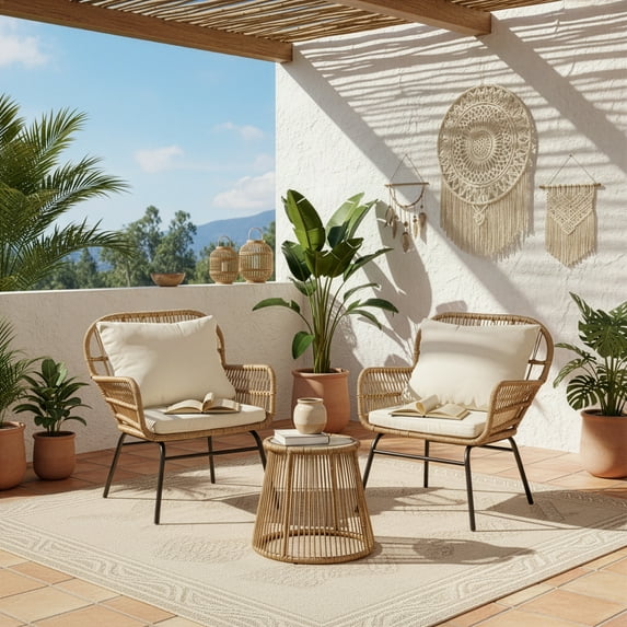 RADIATA 3-Piece Patio Boho Furniture Set with Ajustable Feet, Boho Outdoor Conversation Set with Table, Sofa Seating Set with Thick Cushion for Backyard Lawn Garden, Beige