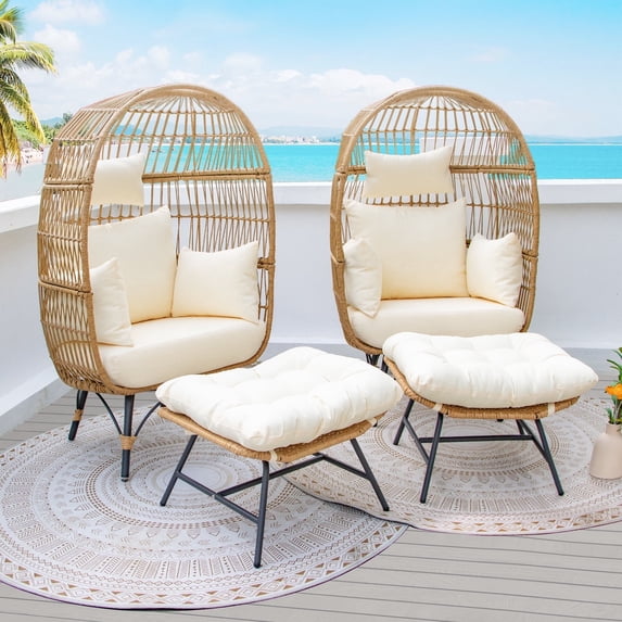 RADIATA 4 Pieces Beige Boho Outdoor Patio Furniture Sets with 2 Pcs Egg Chairs and 2 Ottomans