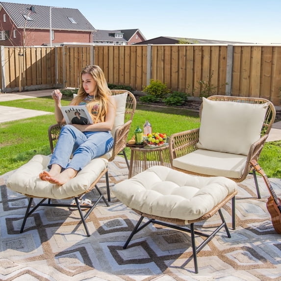 RADIATA 5 PCS Beige Boho Outdoor Patio Furniture Sets with 2 Chairs, 2 Ottomans and 1 Side Table