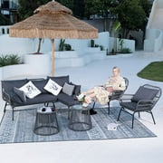 NICESOUL 6 Pcs Boho Outdoor Furniture Set with Ice Bucket Wicker Patio Bistro Chairs, Dark Grey