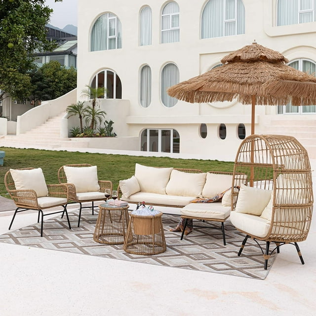 NICESOUL 7 Pcs Woven Boho Outdoor Lounge Set with Egg Chair, Patio Sofa