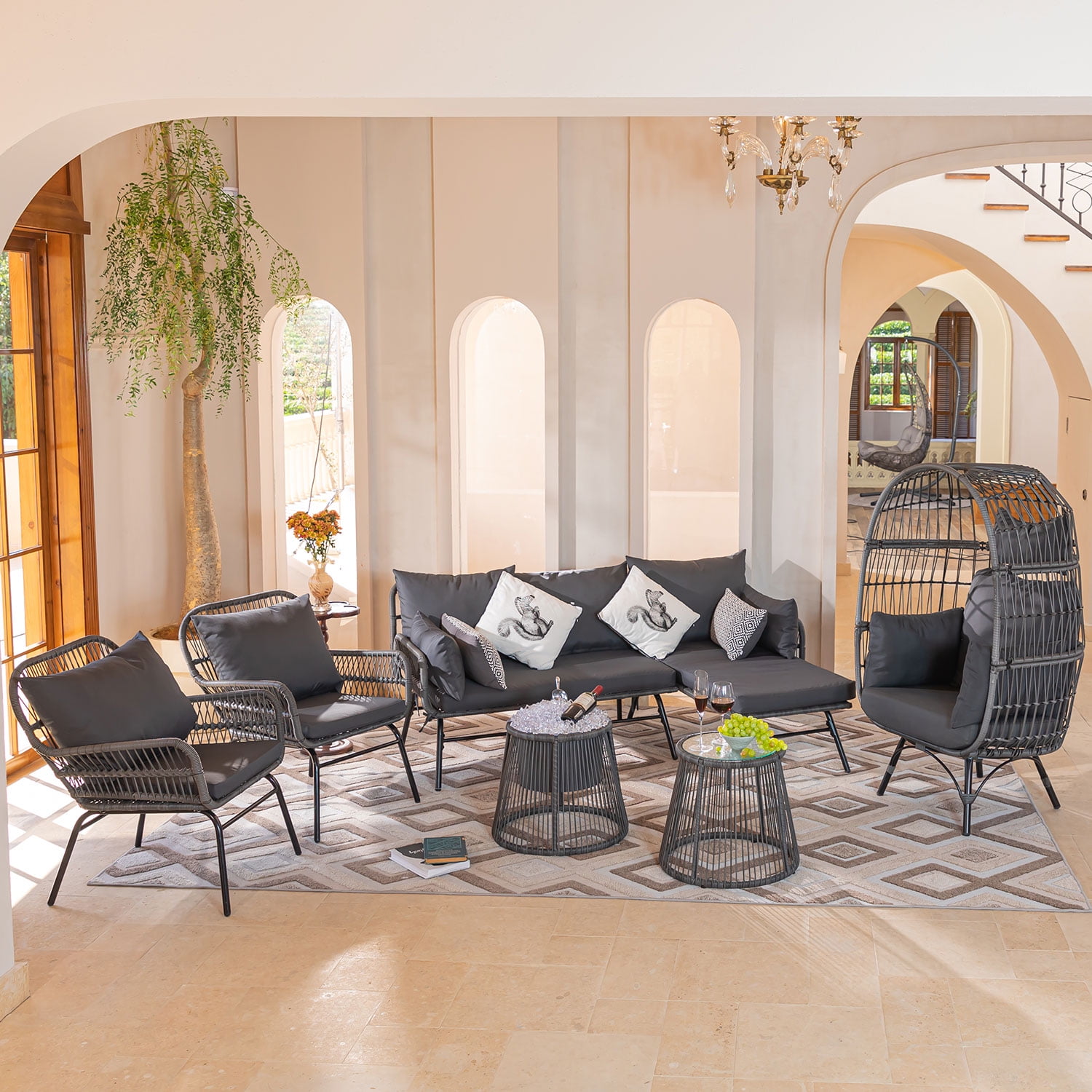 NICESOUL 7 Pcs Boho Outdoor Furniture Set with Egg Chair Wicker Patio