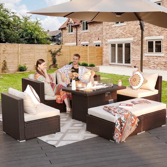 RADIATA 7 Pcs Outdoor Furniture with Fire Pit Table, Espresso Wicker Sofa