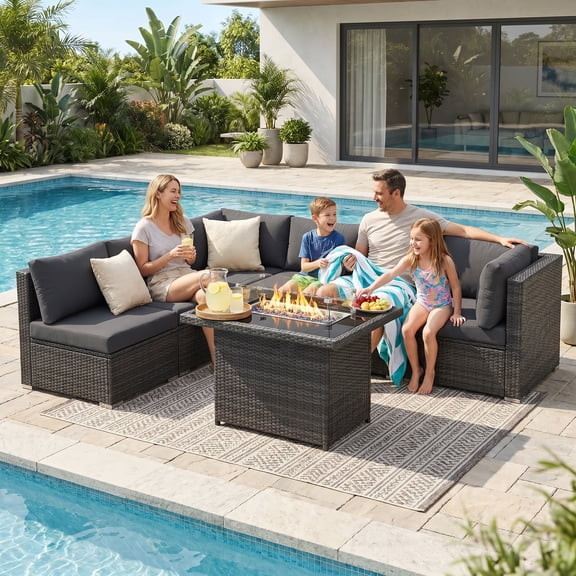 RADIATA 7-Piece Patio Furniture Set with Fire Pit Table, Outdoor Sectional with Fire Pit Table, Patio Couch Set with Fire Pit Table, Patio Furniture Set Outdoor Sectionals,Gray/Dark Gray