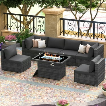 RADIATA 7 Piece Wicker Patio Furniture Set with Fire Pit Table, Deep Seating Outdoor Sectional Couch with 29.3'' High Back Cushions, Extra Large Backyard Conversation Set,Gray/Dark Gray