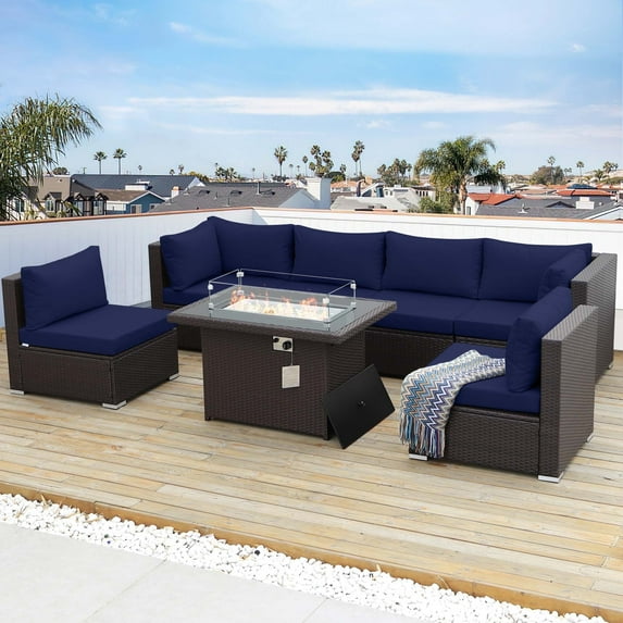 RADIATA 7-Piece Patio Furniture Set with Fire Pit Table, Outdoor Sectional with Fire Pit Table, Patio Couch Set with Fire Pit Table, Patio Furniture Set Outdoor Sectionals,Espresso/Navy