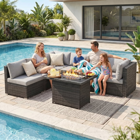 RADIATA 7-Piece Patio Furniture Set with Fire Pit Table, Outdoor Sectional with Fire Pit Table, Patio Couch Set with Fire Pit Table, Patio Furniture Set Outdoor Sectionals,Gray/Light Gray