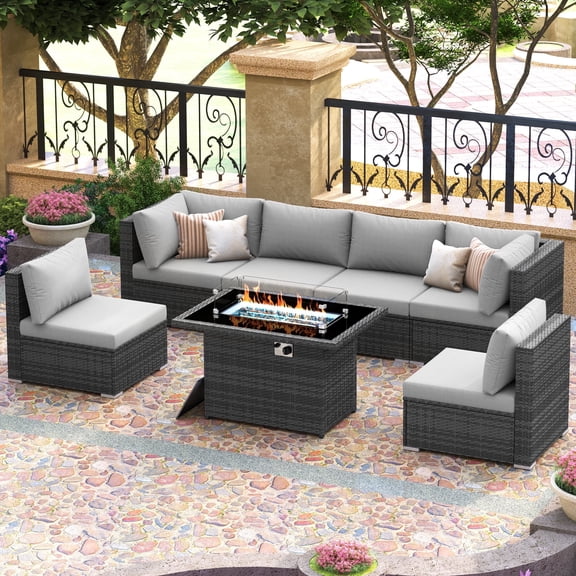 RADIATA 7-Piece Patio Furniture Set with Fire Pit Table, Outdoor Sectional with Fire Pit Table, Patio Couch Set with Fire Pit Table, Patio Furniture Set Outdoor Sectionals,Gray/Light Gray