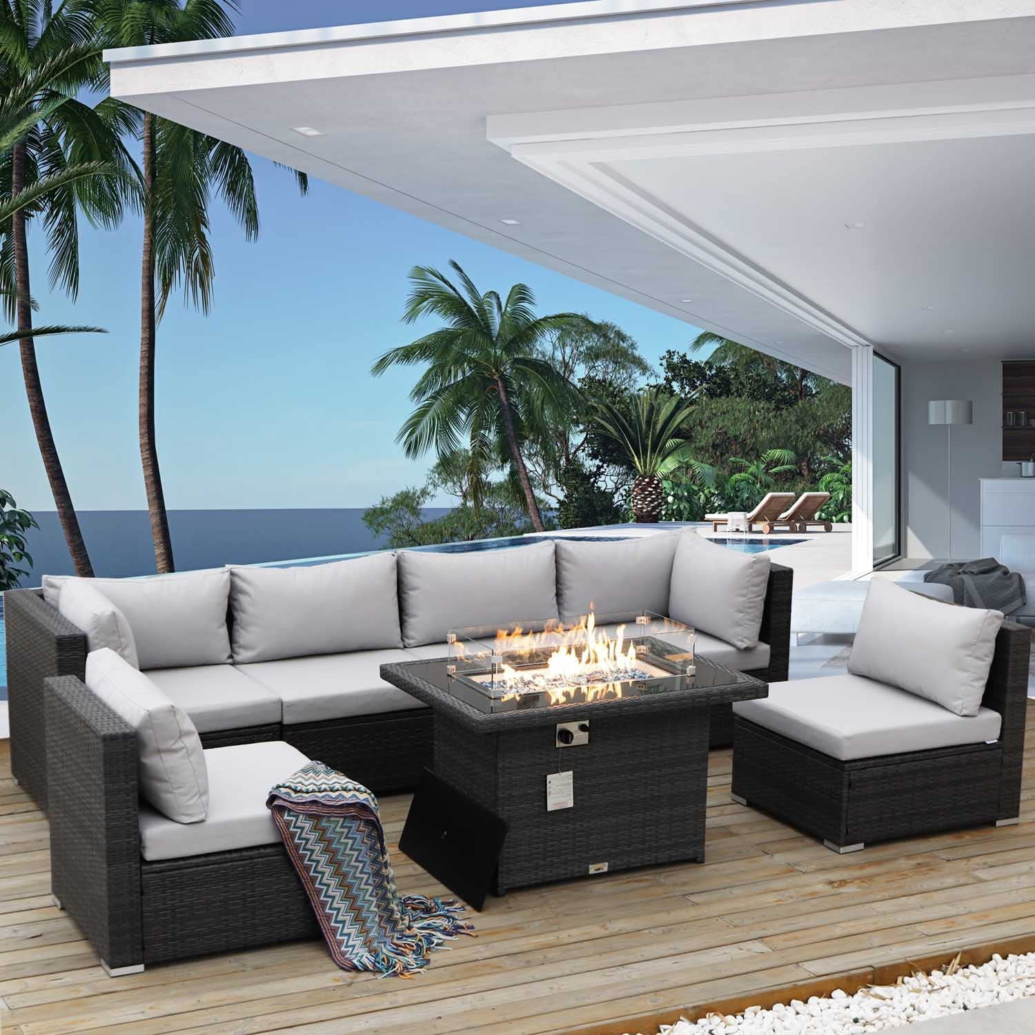 NICESOUL 7 Pcs Outdoor Furniture with Fire Pit Table Wicker Light Gray