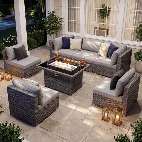 RADIATA 7-Piece Patio Furniture Set with Fire Pit Table, Outdoor Sectional with Fire Pit Table, Patio Couch Set with Fire Pit Table, Patio Furniture Set Outdoor Sectionals,Gray/Light Gray