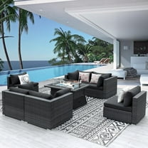 RADIATA 7 Pcs Outdoor Furniture with Fire Pit Table Wicker Set,Dark Gray