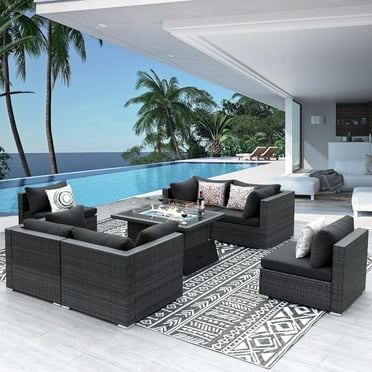 RADIATA 7 Pcs Outdoor Furniture with Fire Pit Table Wicker Set,Dark Gray