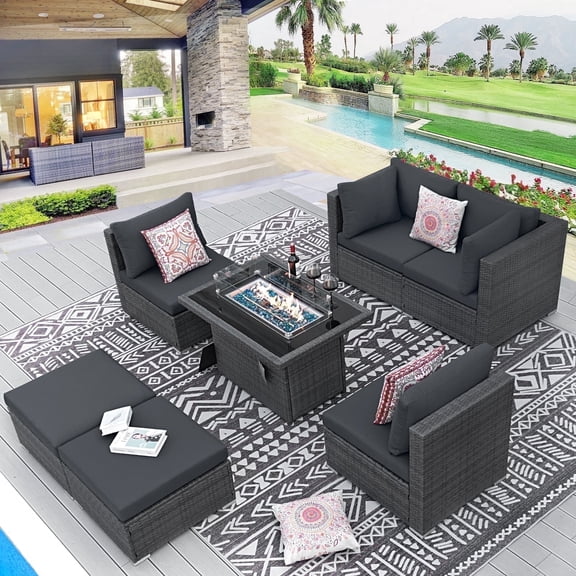 RADIATA 7 Pcs Outdoor Sofa Sets with Fire Pit Table Wicker, Dark Grey