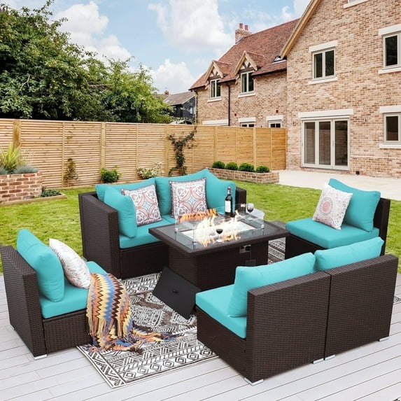 RADIATA 7-Piece Patio Furniture Set with Fire Pit Table, Outdoor Sectional with Fire Pit Table, Patio Couch Set with Fire Pit Table, Patio Furniture Set Outdoor Sectionals,Espresso/Aqua