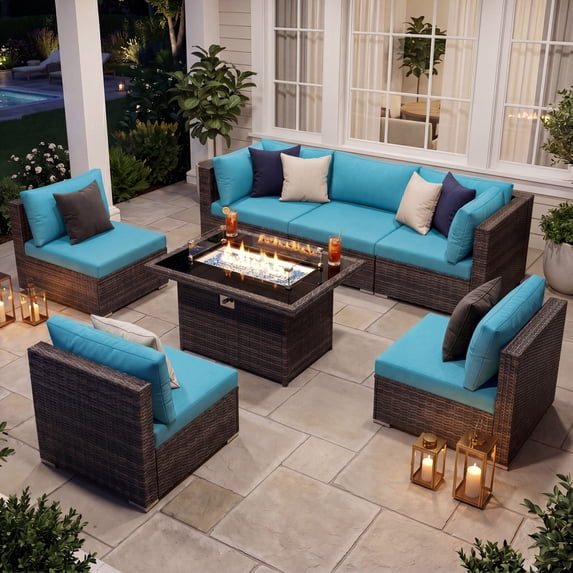 RADIATA 7-Piece Patio Furniture Set with Fire Pit Table, Outdoor Sectional with Fire Pit Table, Patio Couch Set with Fire Pit Table, Patio Furniture Set Outdoor Sectionals,Espresso/Aqua