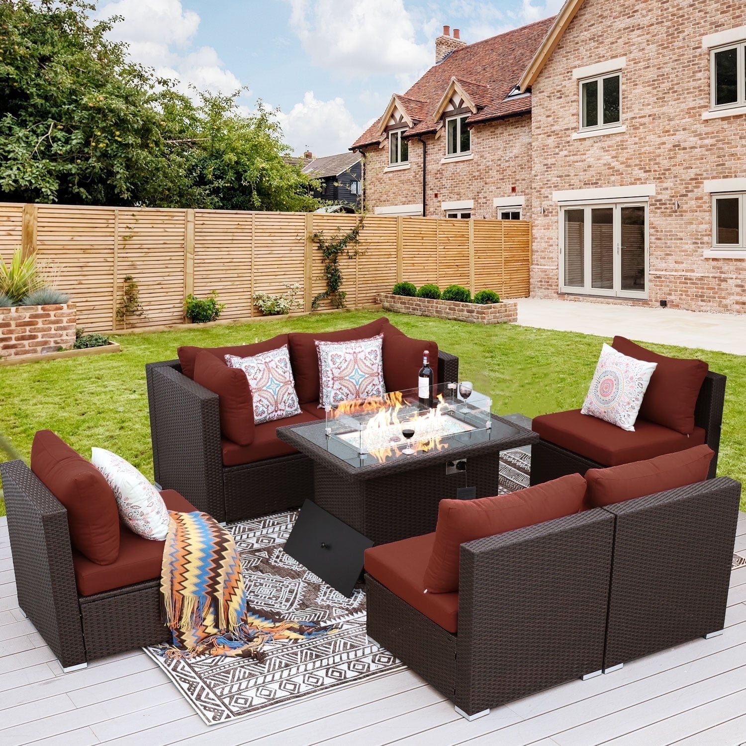 RADIATA 7-Piece Patio Furniture Set with Fire Pit Table, Outdoor Sectional with Fire Pit Table, Patio Couch Set with Fire Pit Table, Patio Furniture Set Outdoor Sectionals,Espresso/Red