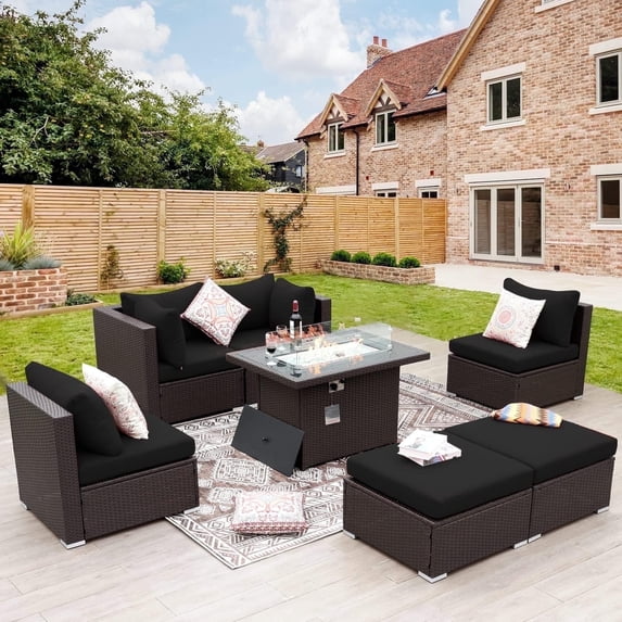 RADIATA 7 Pcs Patio Furniture Set with Fire Pit Table Wicker Outdoor Set Espresso/Black