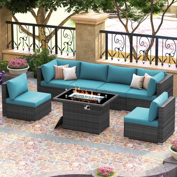 RADIATA 7-Piece Patio Furniture Set with Fire Pit Table, Outdoor Sectional with Fire Pit Table, Patio Couch Set with Fire Pit Table, Patio Furniture Set Outdoor Sectionals,Gray/Green