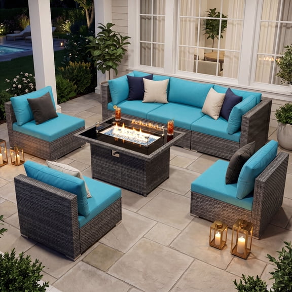 RADIATA 7-Piece Patio Furniture Set with Fire Pit Table, Outdoor Sectional with Fire Pit Table, Patio Couch Set with Fire Pit Table, Patio Furniture Set Outdoor Sectionals,Gray/Green