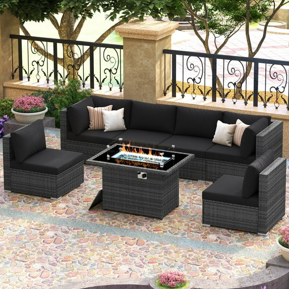 RADIATA 7-Piece Patio Furniture Set with Fire Pit Table, Outdoor Sectional with Fire Pit Table, Patio Couch Set with Fire Pit Table, Patio Furniture Set Outdoor Sectionals,Gray/Black