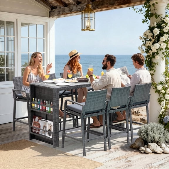 RADIATA 7-Piece Outdoor Bar Set, Patio High Top Table and Chairs with Stools, Bar Height Wicker Furniture for Backyard, Courtyard, and Poolside,Dark Gray