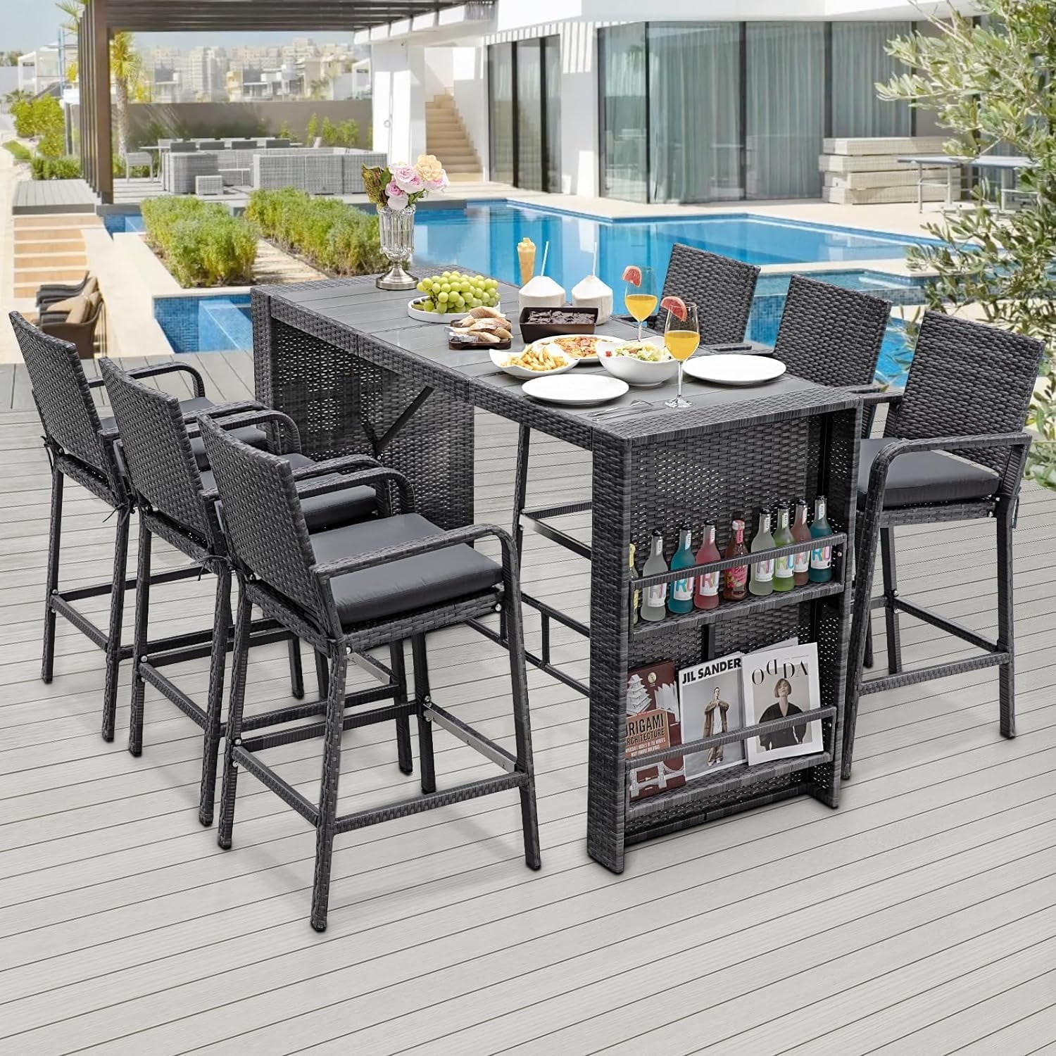 NICESOUL 7 Piece High Top Outdoor Bar Table and Chairs Set with