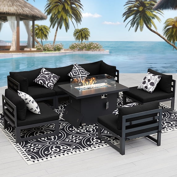 RADIATA 7 Pieces Aluminum Outdoor Patio Sectional Furniture Sofa Set with Fire Pit Table Large Size Luxury Comfortable Durable Water/UV-Resistant for Garden Porch Backyard Party (Black Cushion)