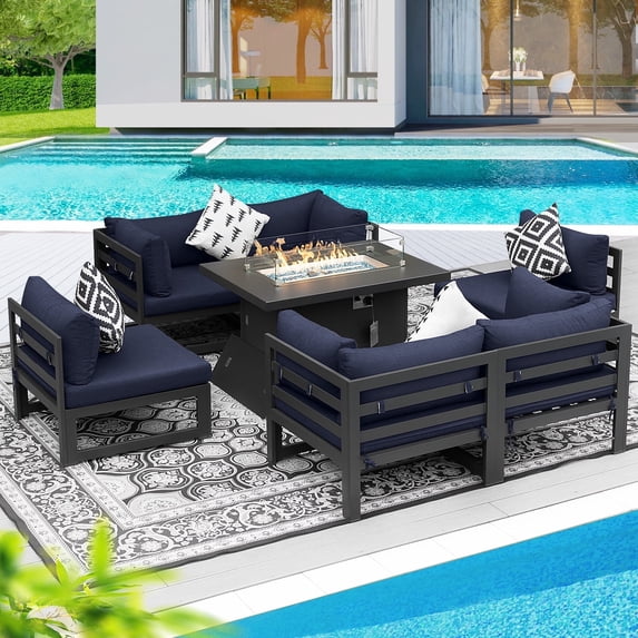 RADIATA 7 Pieces Aluminum Outdoor Patio Sectional Furniture Sofa Set with Fire Pit Table Large Size Luxury Comfortable Durable Water/UV-Resistant Garden Porch Backyard Party (Navy Blue Cushion)