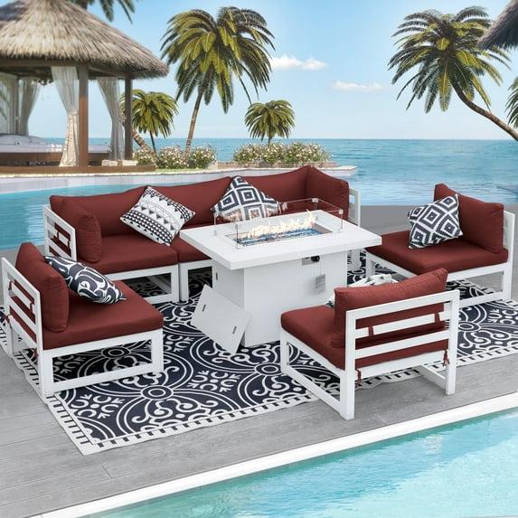RADIATA 7 Pieces Aluminum Outdoor Patio Sectional Furniture Sofa Set with Fire Pit Table Large Size Luxury Comfortable Durable Water/UV-Resistant Garden Porch Backyard Party (Burgundy Cushion)