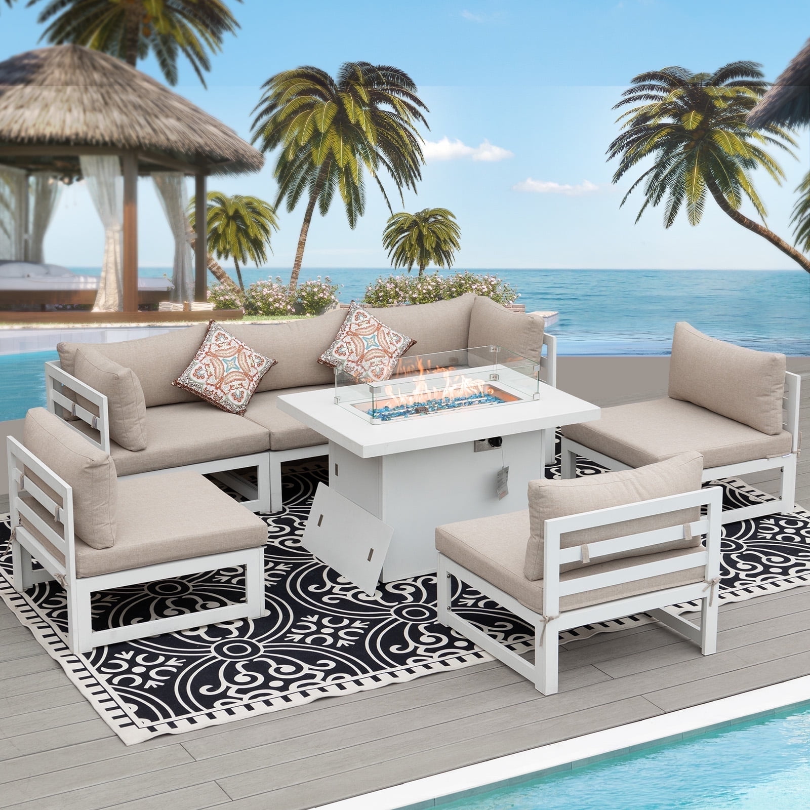 RADIATA 7 Pieces Aluminum Outdoor Patio Sectional Furniture Sofa Set with Fire Pit Table Large Size Luxury Comfortable Durable Water/UV-Resistant for Garden Porch Backyard Party (Beige Cushion)