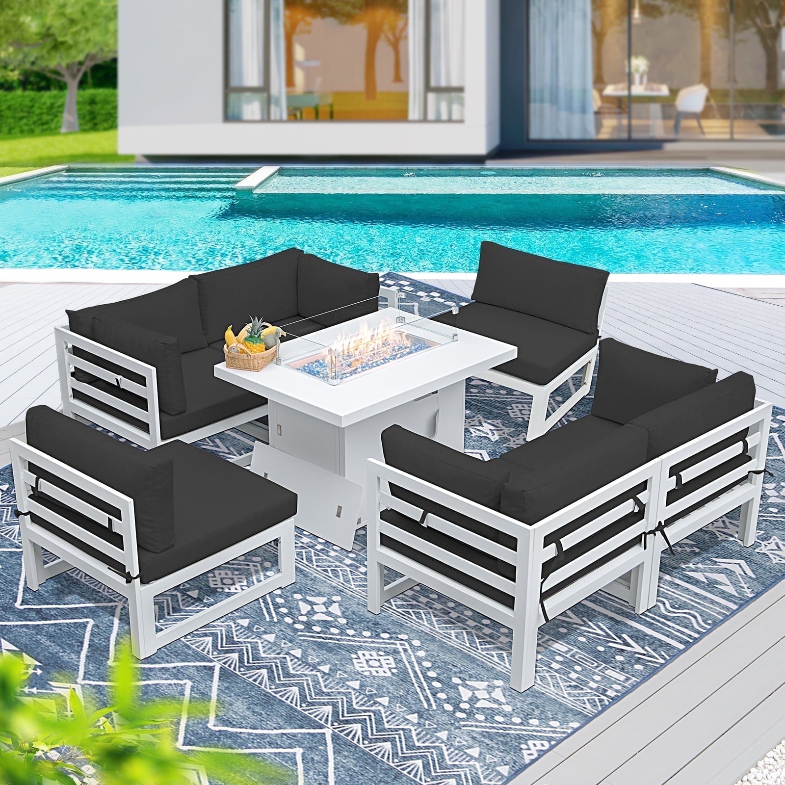 RADIATA 7 Pieces Aluminum Outdoor Patio Sectional Furniture Sofa Set with Fire Pit Table Large Size Luxury Comfortable Durable Water/UV-Resistant for Garden Backyard Party (Black Cushion)